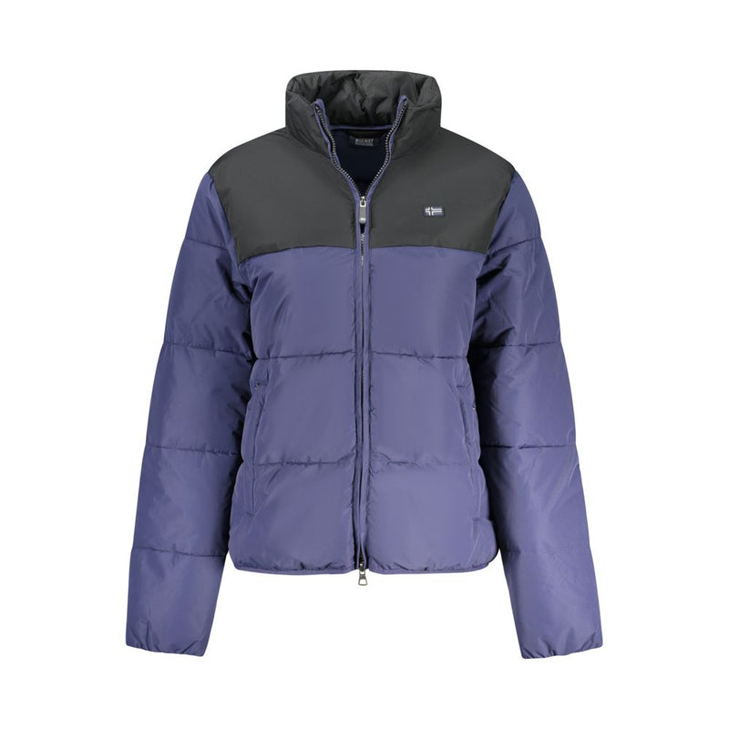 Blue and black quilted polyester puffer jacket with high neck and front zipper