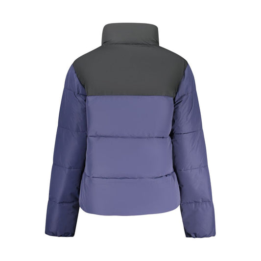 Back view of a blue and grey polyester puffer jacket with a high collar