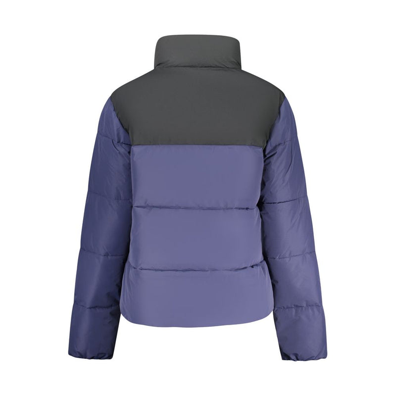 Back view of a blue and grey polyester puffer jacket with a high collar