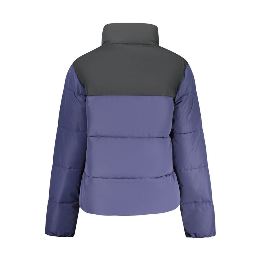 Blue and black quilted polyester puffer jacket with high neck and front zipper