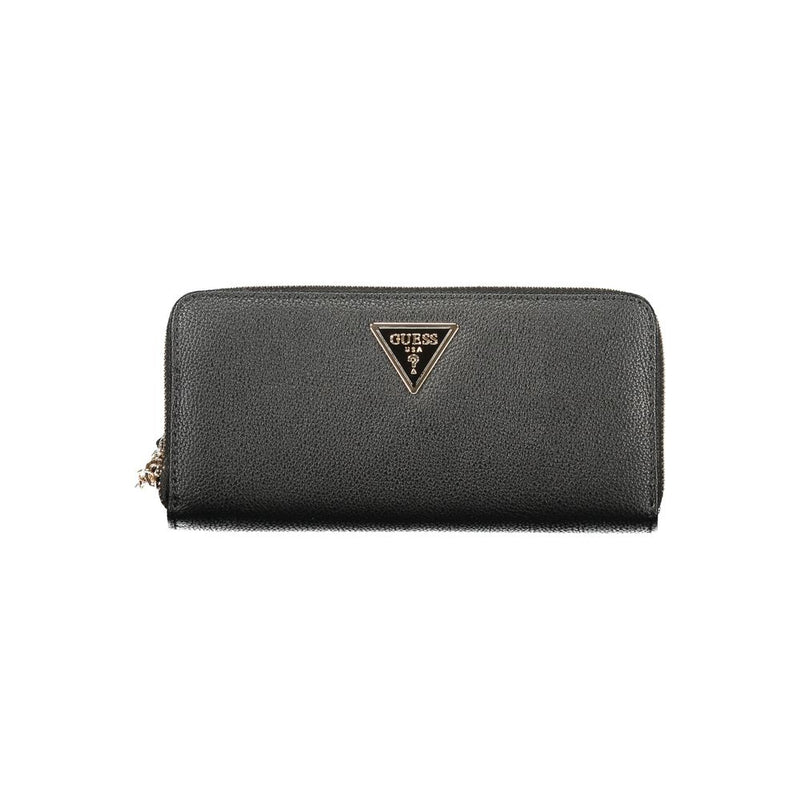 Black polyurethane women's wallet with zip-around closure and gold Guess logo plaque on the front