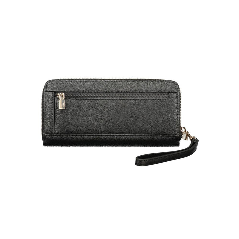 Black polyurethane women's zip-around wallet with a wrist strap and exterior zipper pocket
