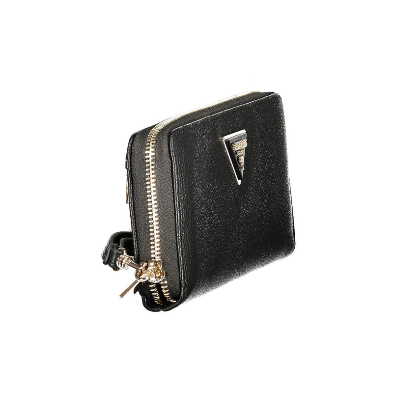 Black textured polyurethane women wallet with gold zipper and triangular logo plaque