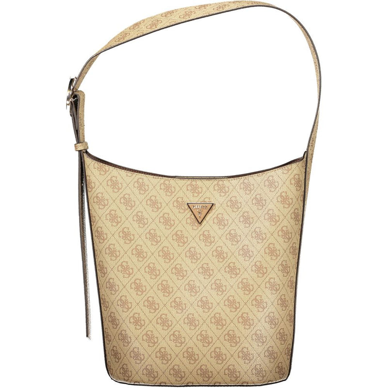 Beige polyurethane Guess monogram shoulder handbag with an adjustable strap and front logo plaque