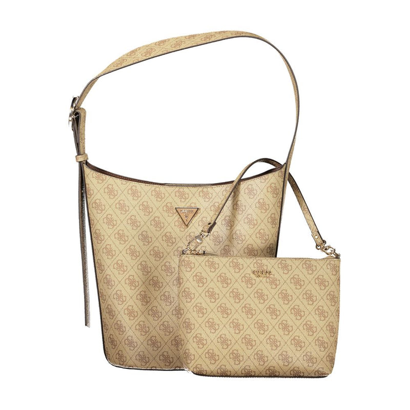 Beige polyurethane Guess monogram shoulder bag with matching detachable pouch