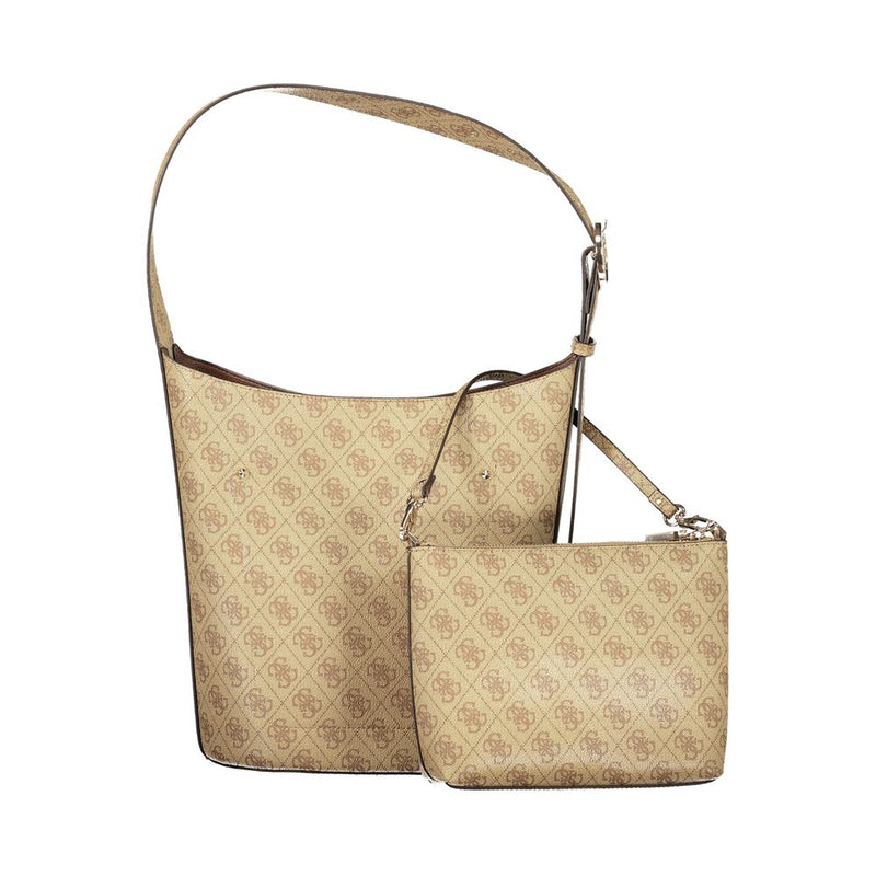 Beige polyurethane hobo handbag with a matching detachable pouch, both featuring an allover logo print