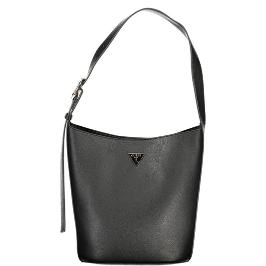 Black polyurethane hobo shoulder bag with a single strap and metal triangle logo