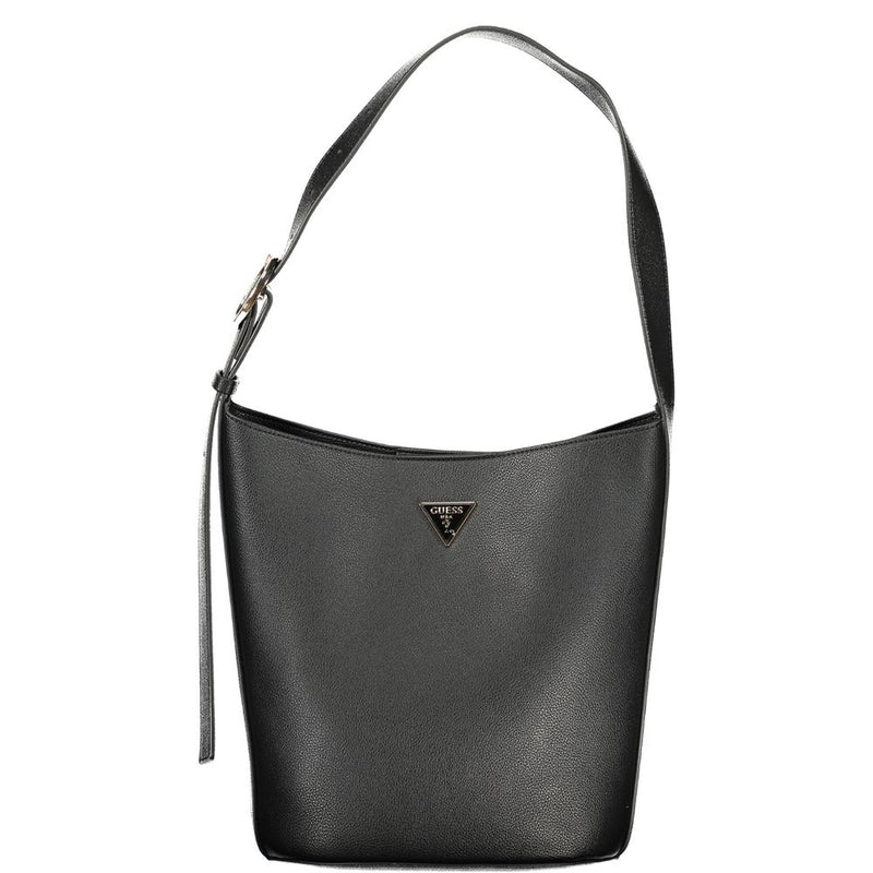 Black polyurethane hobo shoulder bag with a single strap and metal triangle logo