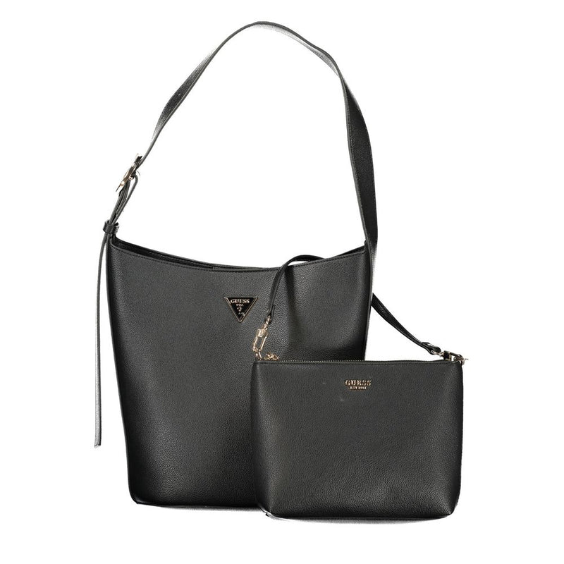 Black polyurethane shoulder bag with matching pouch and gold logo hardware