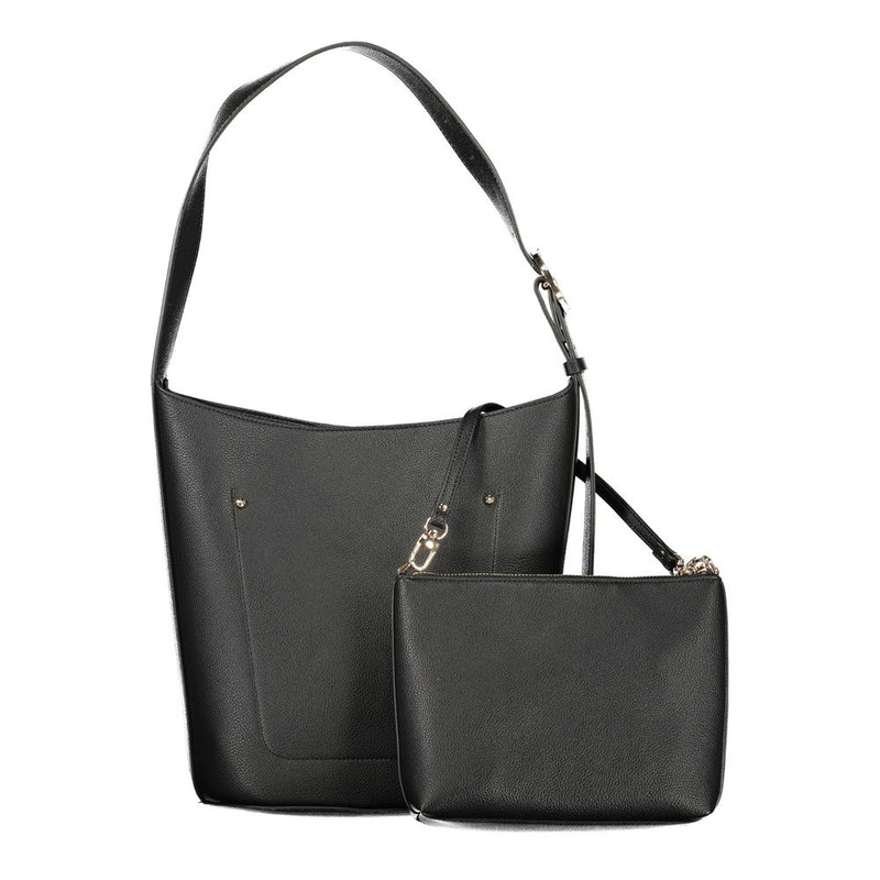 Black polyurethane hobo handbag with a matching detachable zip pouch