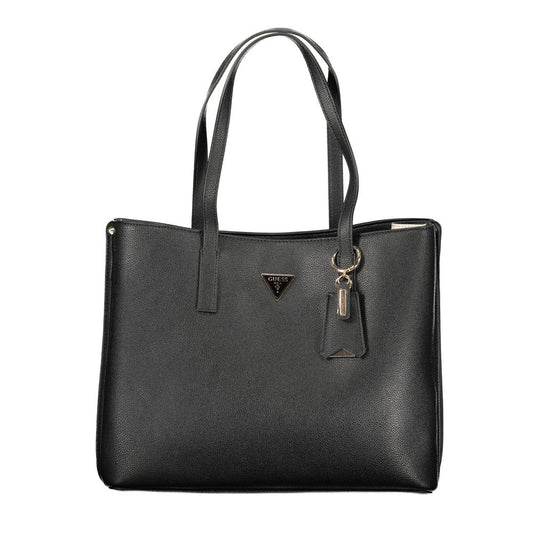 Black polyurethane Guess tote bag with dual shoulder straps and a gold triangular logo emblem