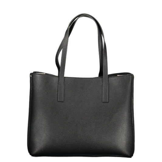 Black polyurethane structured tote handbag with dual shoulder straps