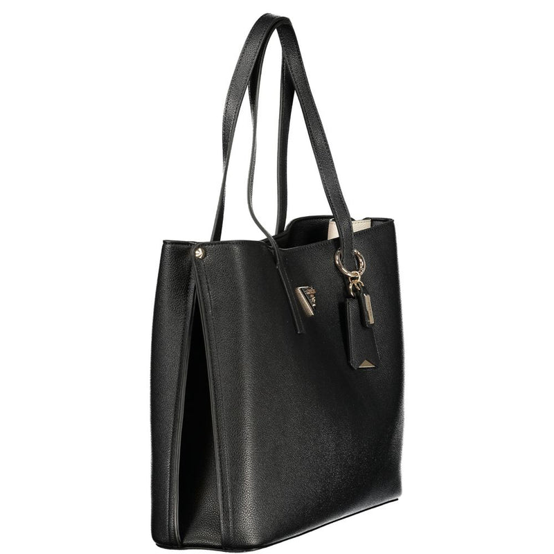 Black polyurethane women's tote handbag with double shoulder straps and gold hardware accents