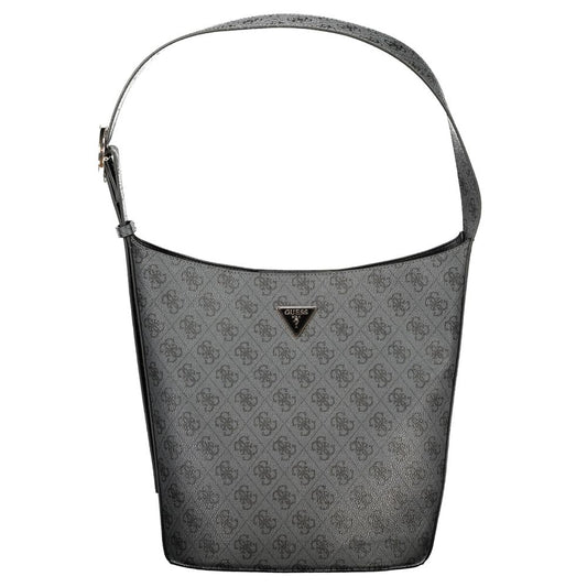 Black polyurethane Guess women's bucket handbag with monogram pattern and single shoulder strap