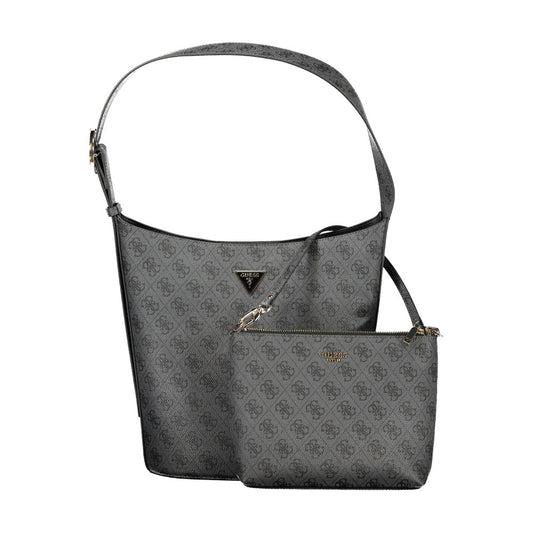 Black polyurethane Guess hobo handbag with matching pouch and allover logo print