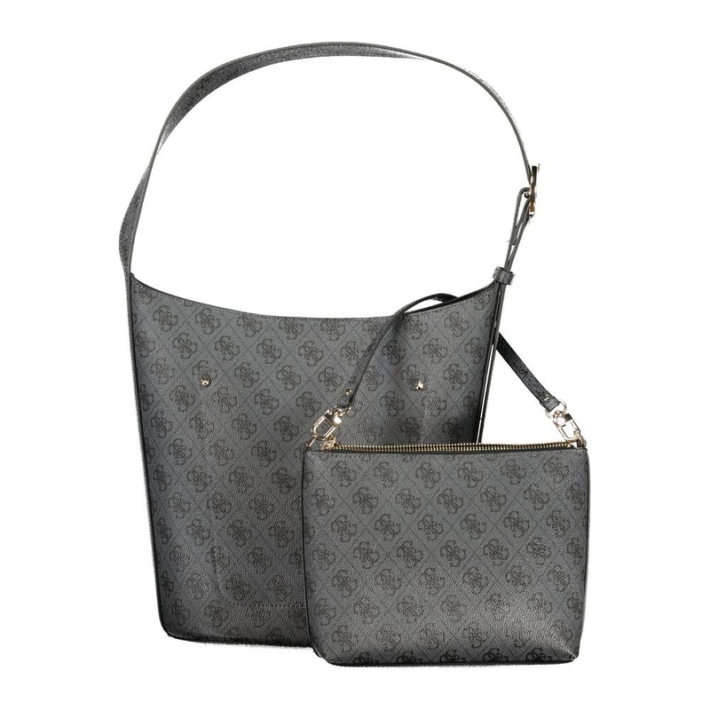 Black polyurethane shoulder bag with monogram print and matching zipped pouch