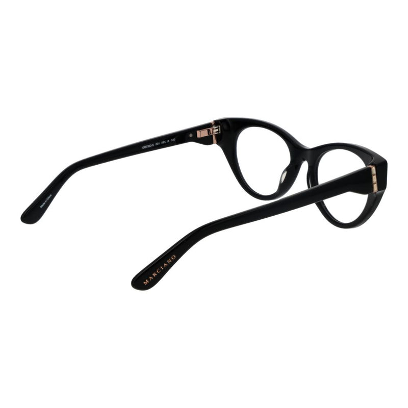 Glossy black plastic cat-eye eyeglass frames with gold hinges