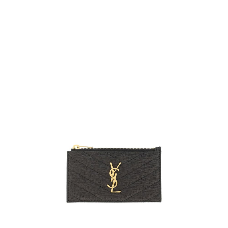 Black quilted calfskin leather wallet with gold hardware and YSL logo