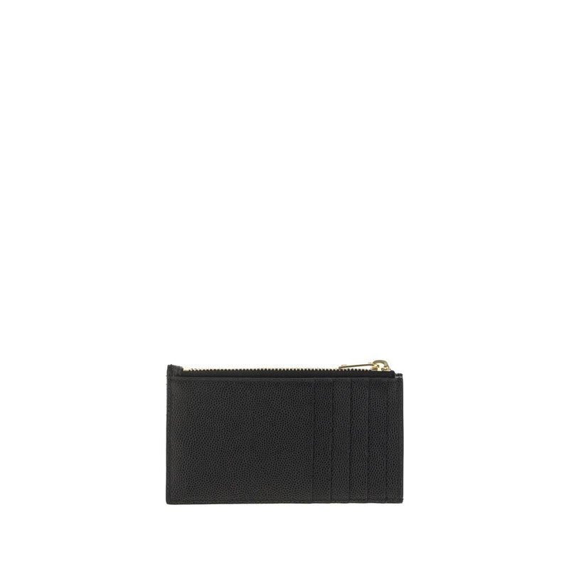 Black textured leather card holder wallet with a gold zipper on top
