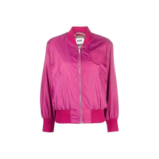 Bright pink nylon bomber jacket with ribbed collar, cuffs, and hem, featuring a zippered front and chest logo