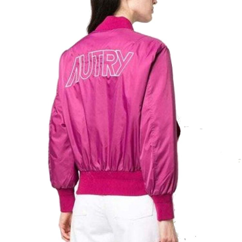 Bright pink nylon bomber jacket with white Autry logo on the back