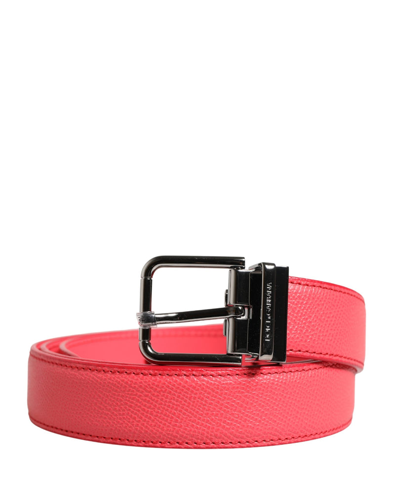 Pink textured calf leather belt with a polished silver metal buckle