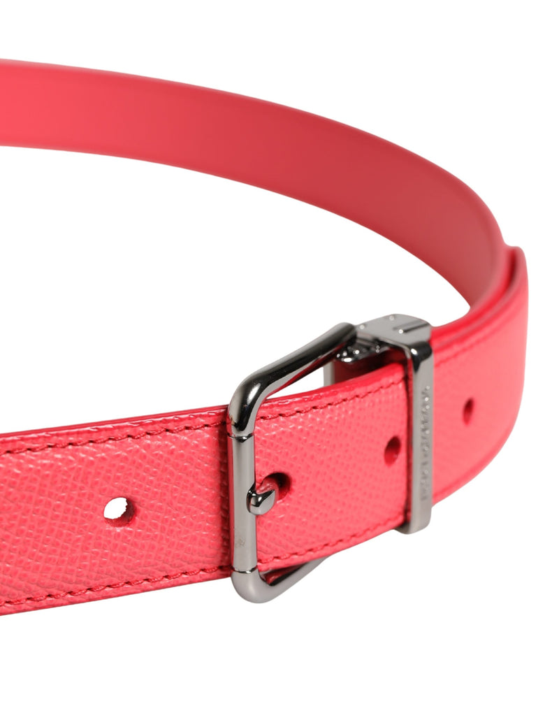Pink textured calf leather belt featuring a polished silver metal pin buckle
