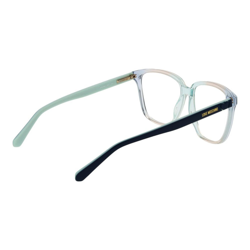 Translucent blue plastic eyeglass frames with multicolored temples and gold Love Moschino logo