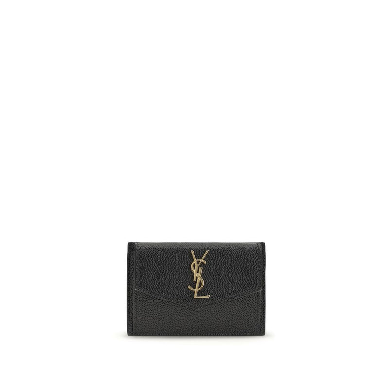 Black textured leather wallet featuring a gold-toned interlocking YSL logo on the front flap