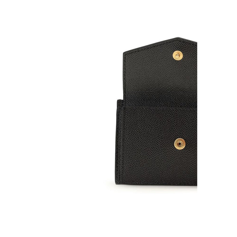 Open black textured leather wallet with gold snap closure