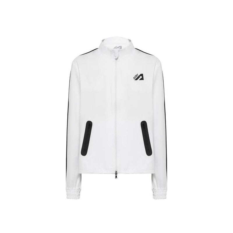 Autry white elastane shell jacket with a stand collar, black side stripes, zippered pockets, and front logo