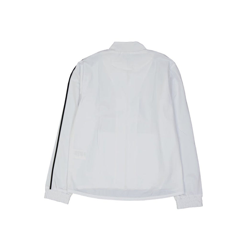 Autry white elastane shell jacket with a high collar and black stripe down the sleeve