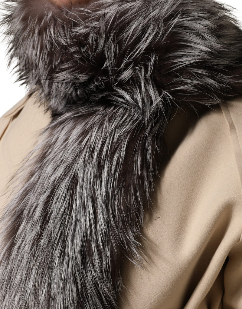 Gray and black fox fur neck wrap scarf draped over a beige coat