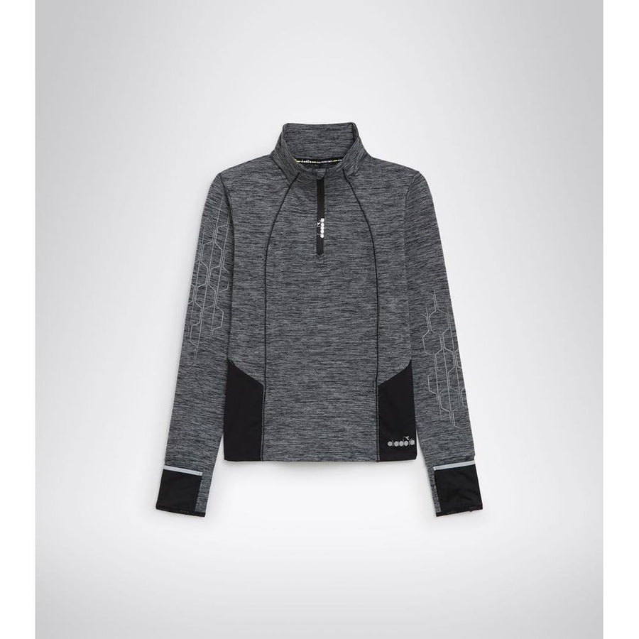 Black polyester athletic sweatshirt with long sleeves, high neck, and half-zip closure worn by a woman