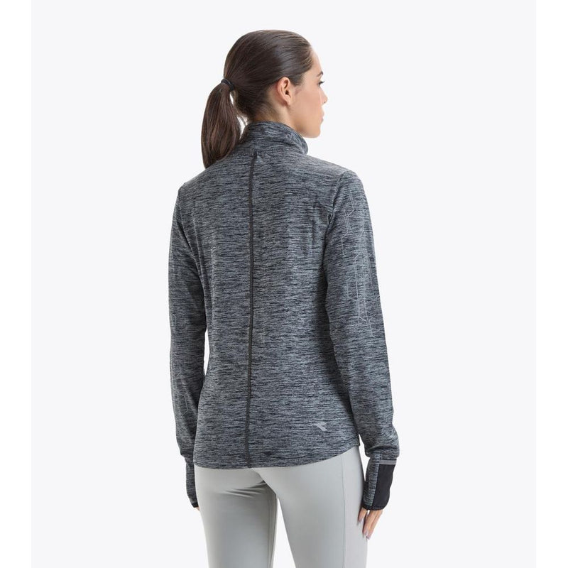 Black heathered polyester athletic zip-up sweatshirt with long sleeves worn from the back