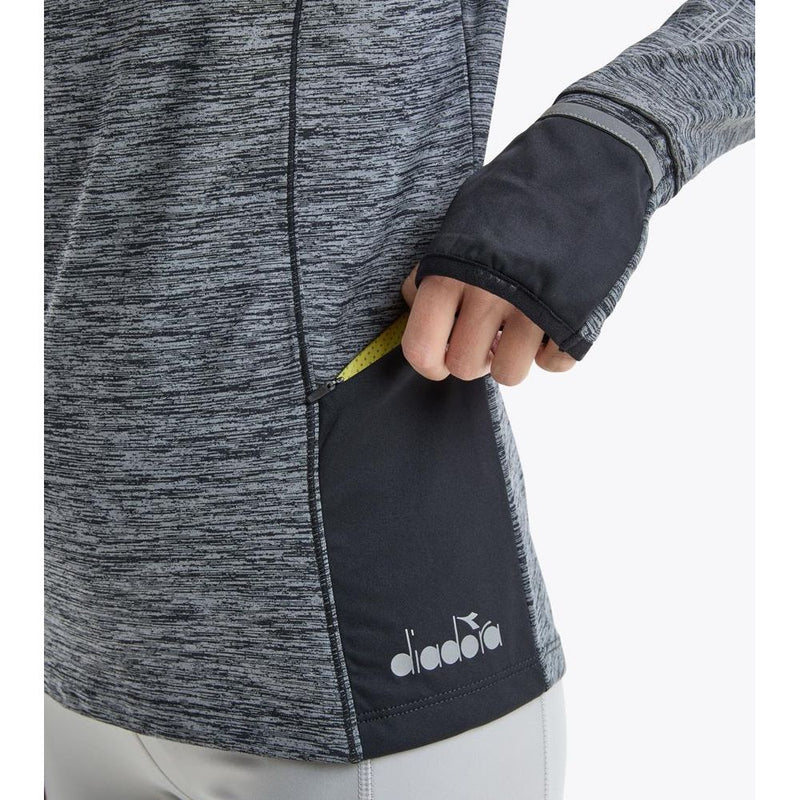 Black and grey heathered polyester athletic sweatshirt with zip pocket and thumbholes