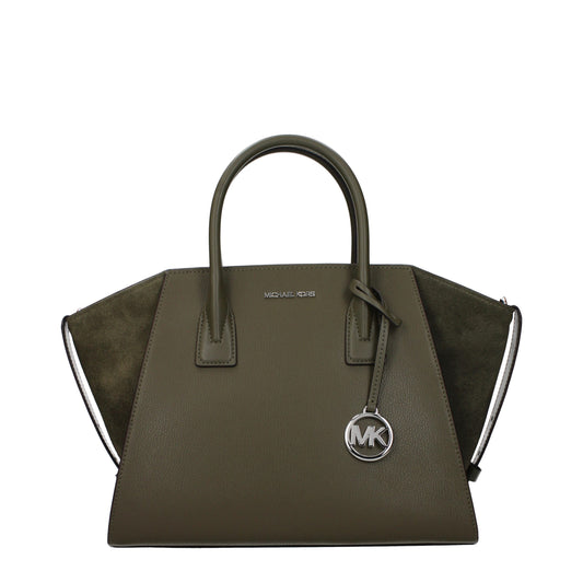Olive green leather and suede satchel handbag with silver MK logo charm