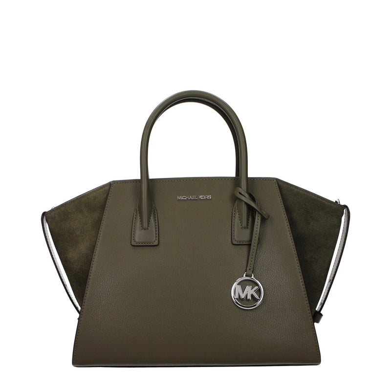 Olive green leather and suede satchel handbag with silver MK logo charm
