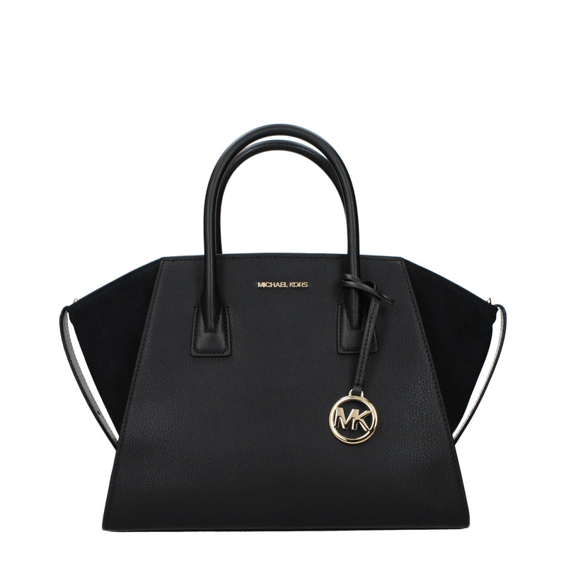Michael Kors black leather and suede structured handbag with top handles and a gold MK charm