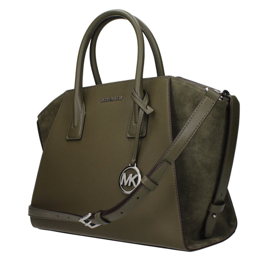 Olive green Michael Kors leather and suede handbag with top handles and a shoulder strap
