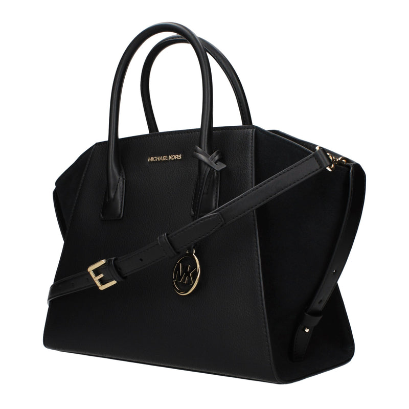 Black leather Michael Kors satchel handbag with top handles and a shoulder strap