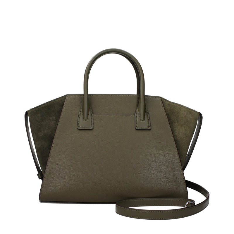 Olive green leather and suede satchel handbag with dual top handles and a shoulder strap