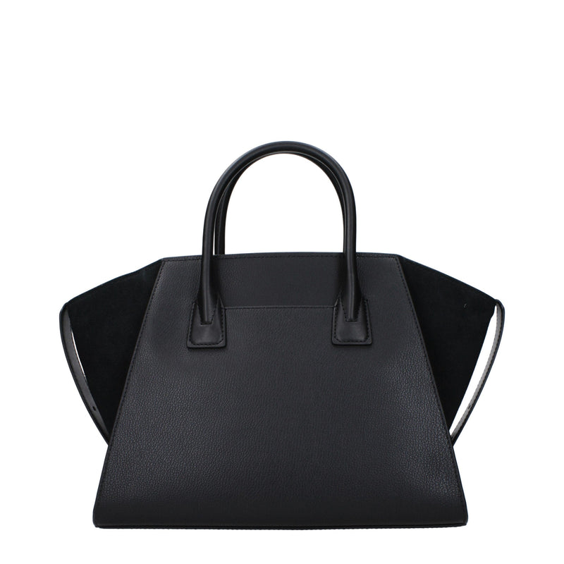 Black leather handbag with structured handles and flared side panels