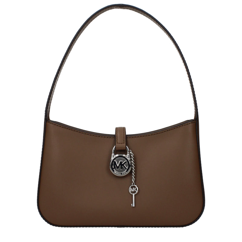Brown leather shoulder handbag featuring a silver MK logo lock and key charm