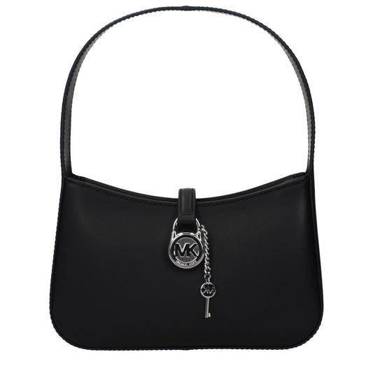 Black leather shoulder bag with a single strap and silver padlock charm featuring the MK logo