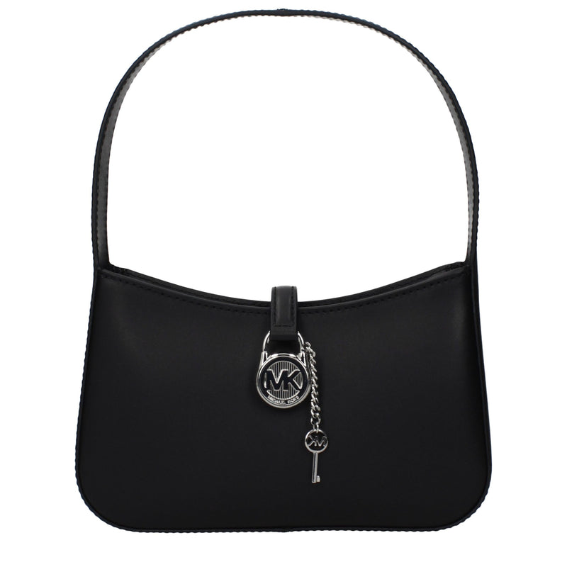 Black leather shoulder bag with a single strap and silver padlock charm featuring the MK logo