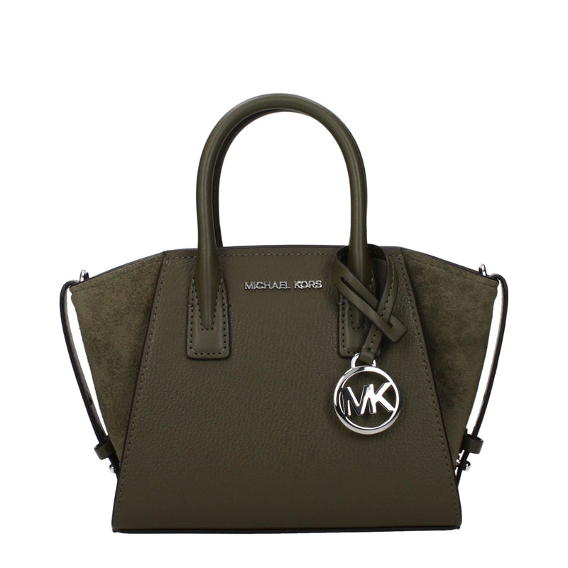 Olive green leather and suede structured handbag with top handles and silver MK logo charm