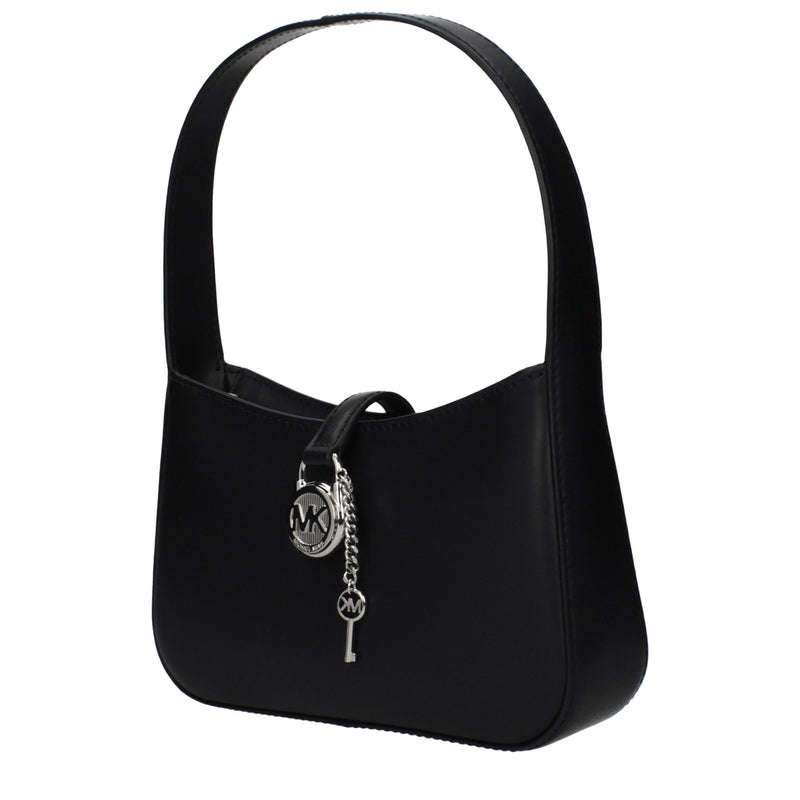 Black leather shoulder bag with a silver padlock charm and top handle