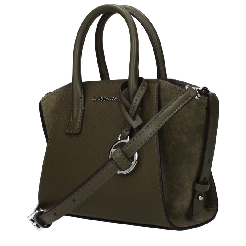 Olive green leather and suede Michael Kors handbag with top handles and a crossbody strap