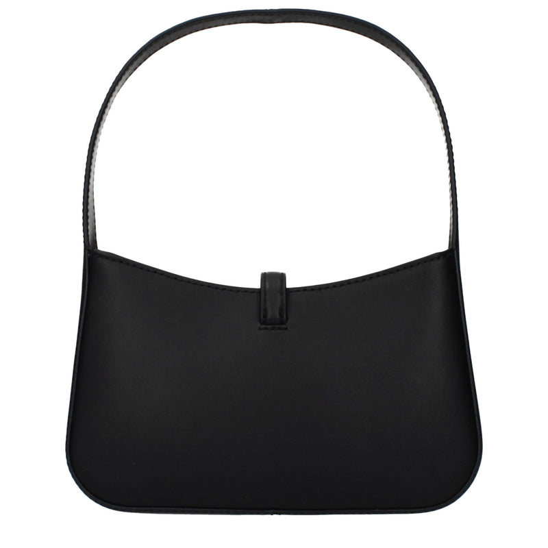 Black leather shoulder bag with a short single strap and a central closure loop